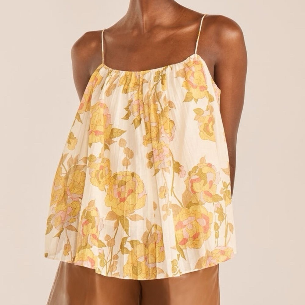 Rebecca Taylor Pleated Floral Print Tank XL Wild Peony Yellow Preppy CottageCore